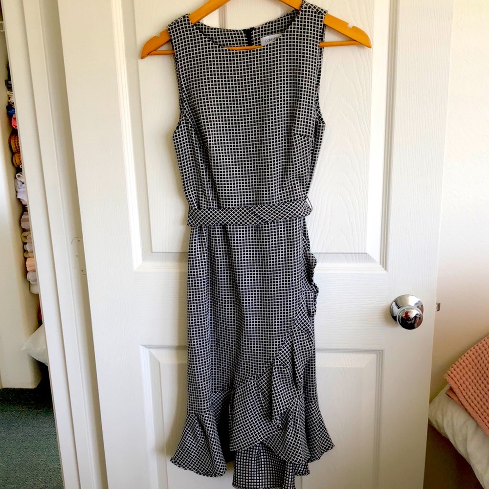 Calvin Klein Black and White Gingham Sleeveless Ruffle Dress